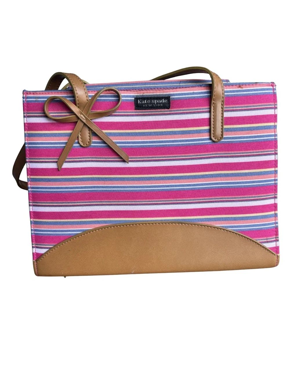 Kate Spade Striped Pink Canvas Tote with Tan Trim and Bow